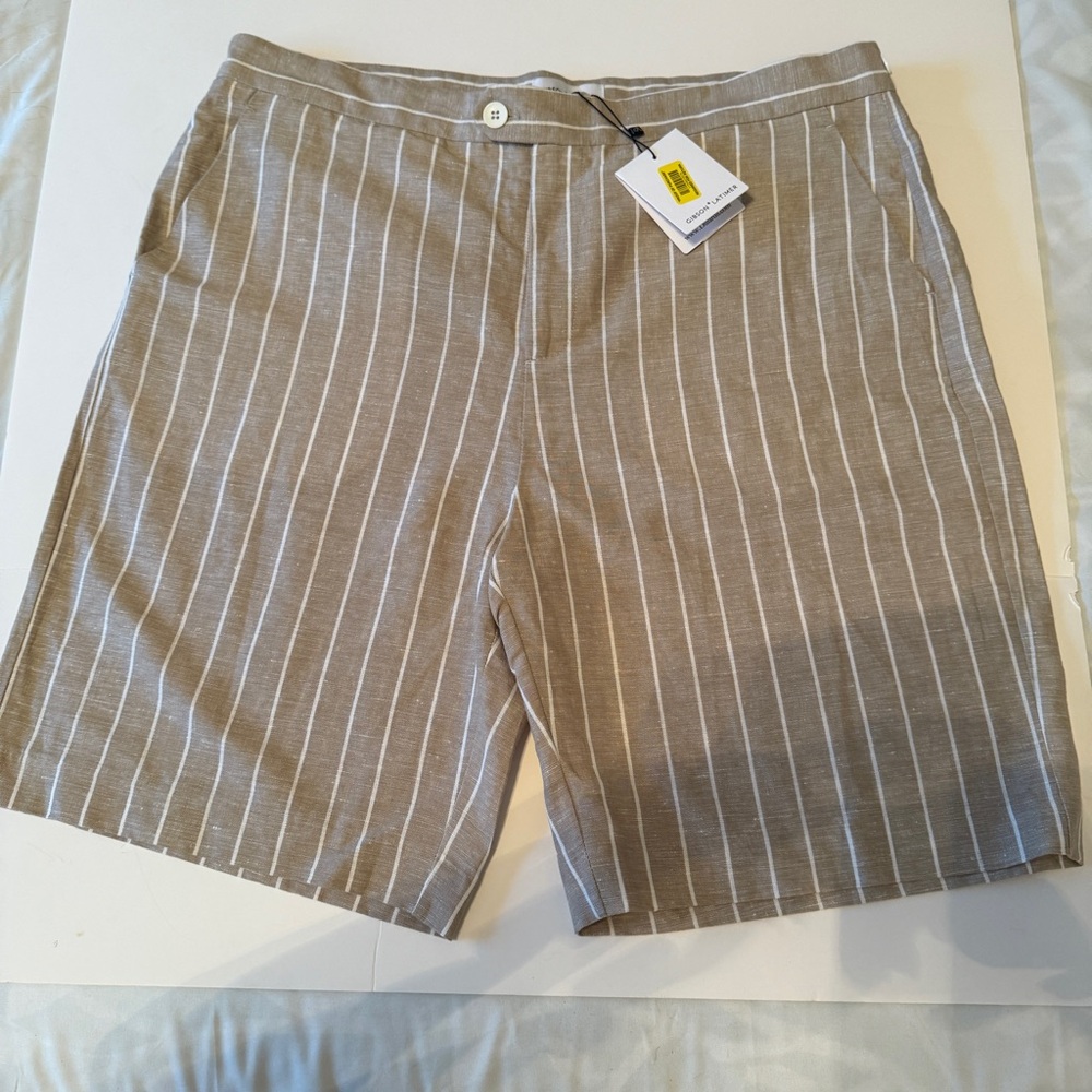 Gibson Latimer Linen Blend Shorts Womens 16 Biege Striped Basic Adjustable Waist
